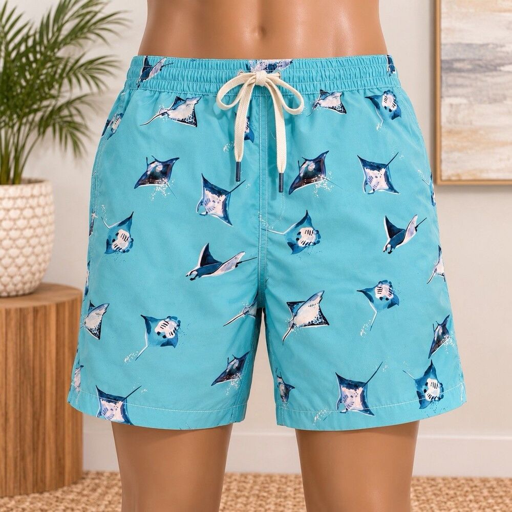Chubbies Men’s Blue Stingray Print Swim Trunks M Mesh Lined Elastic Drawstring